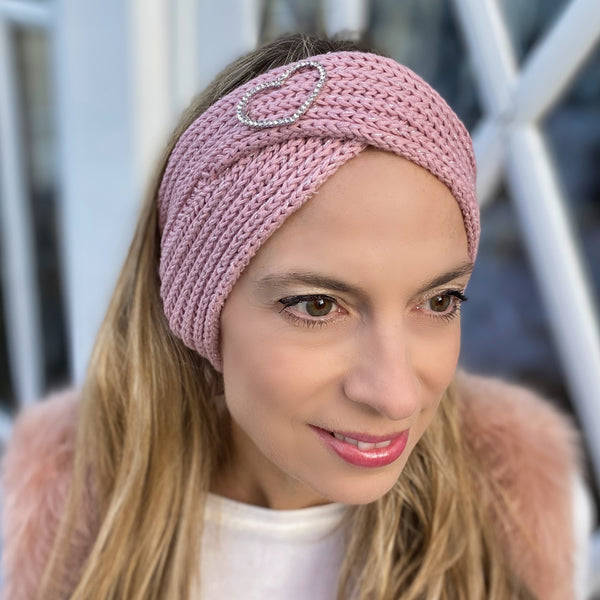 Winter Headband Pink with Heart Brooch in Organic Cotton Lurex