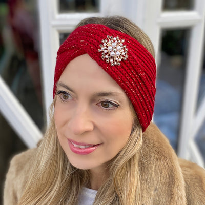 Winter Headband Red with Pearl Brooch in Organic Cotton Lurex