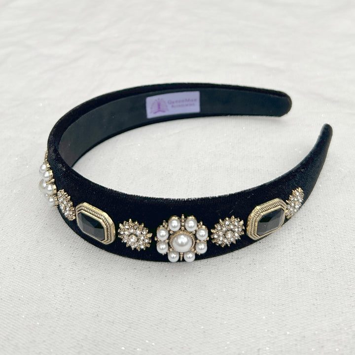 black pearl headband velvet hair band vintage gems side