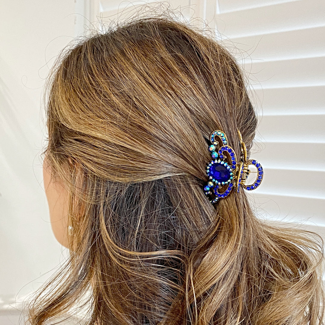 Blue Hair Claw Clip with Gems half up