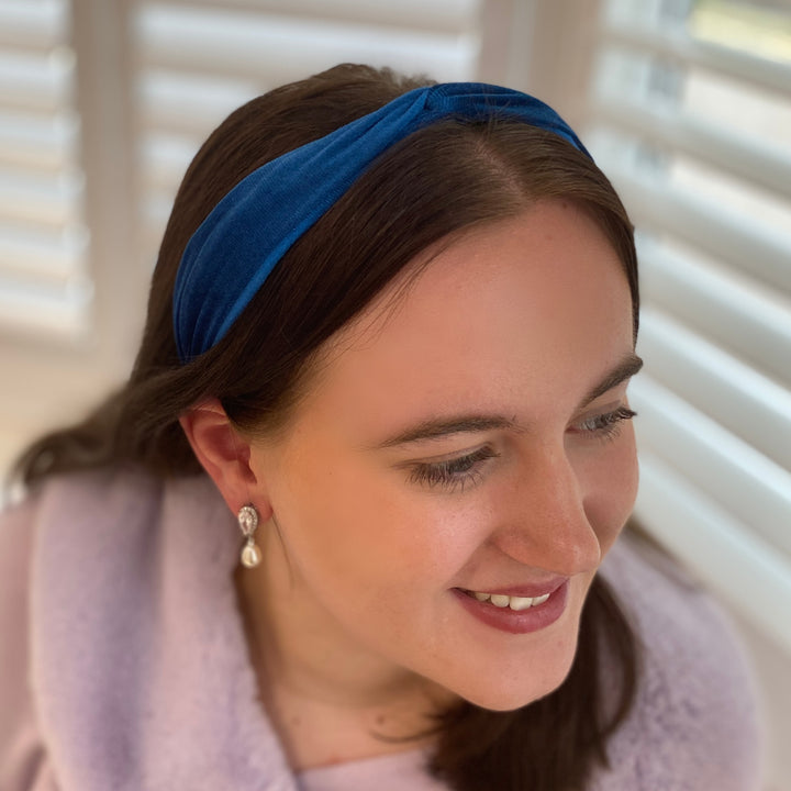 blue headband velvet knot brunette hair