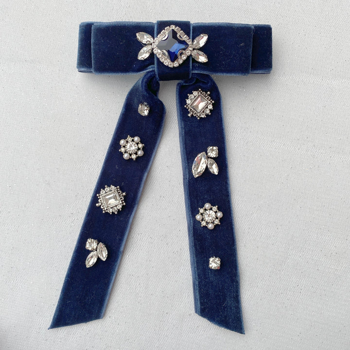 blue velvet bow hair clip with jewels in silver