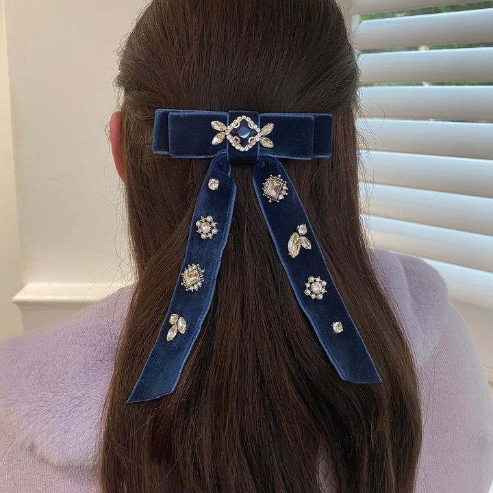 blue velvet bow hair clip with jewel half up hair