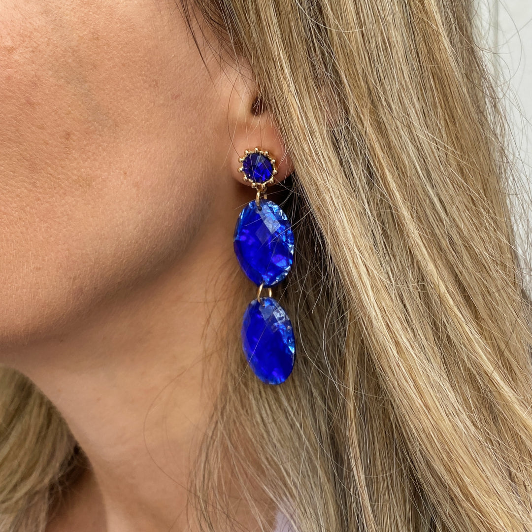 cobalt blue earrings long drop earrings gold trim