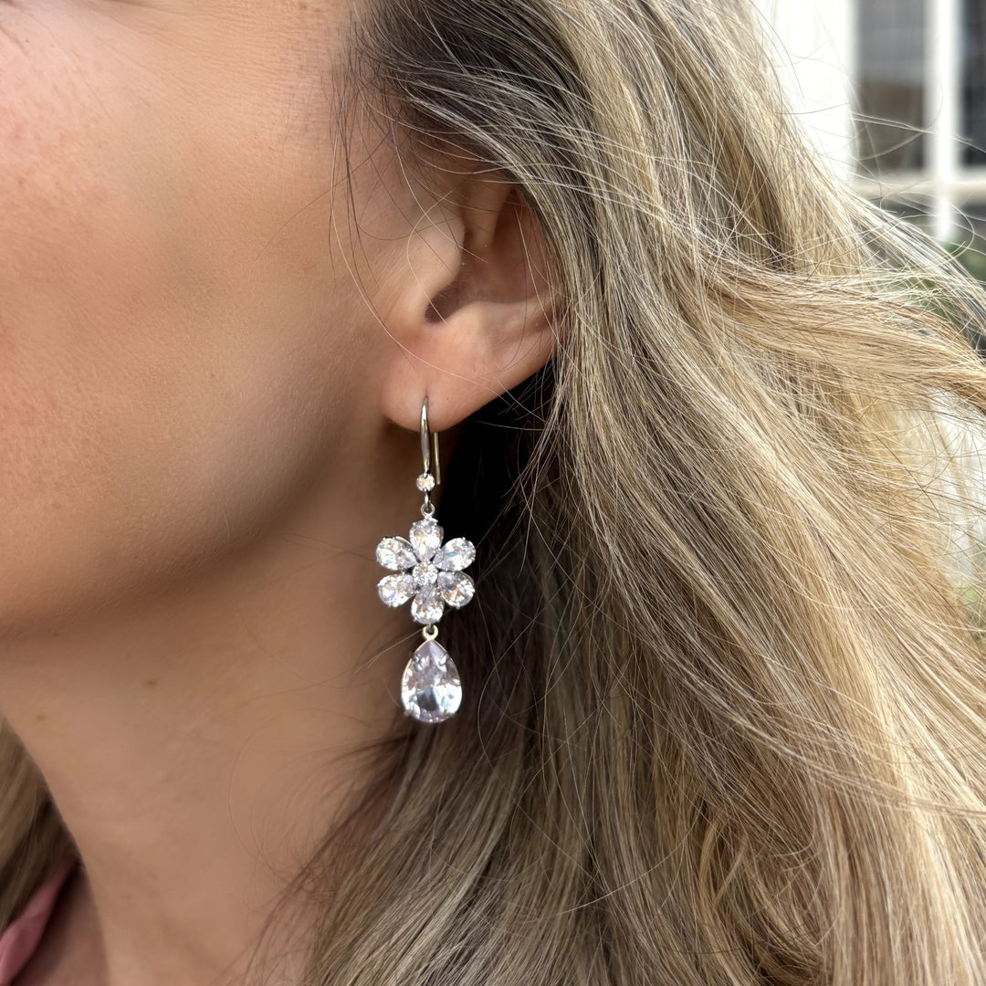 crystal drop earrings flower wedding guest earrings statement earrings floral earrings diamante earrings black tie earrings dangly earrings