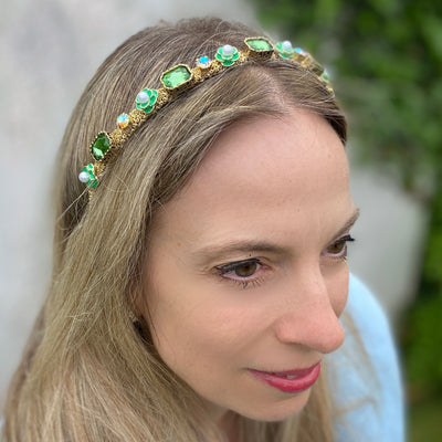 Green and gold headband for wedding guest green hair band thin headband