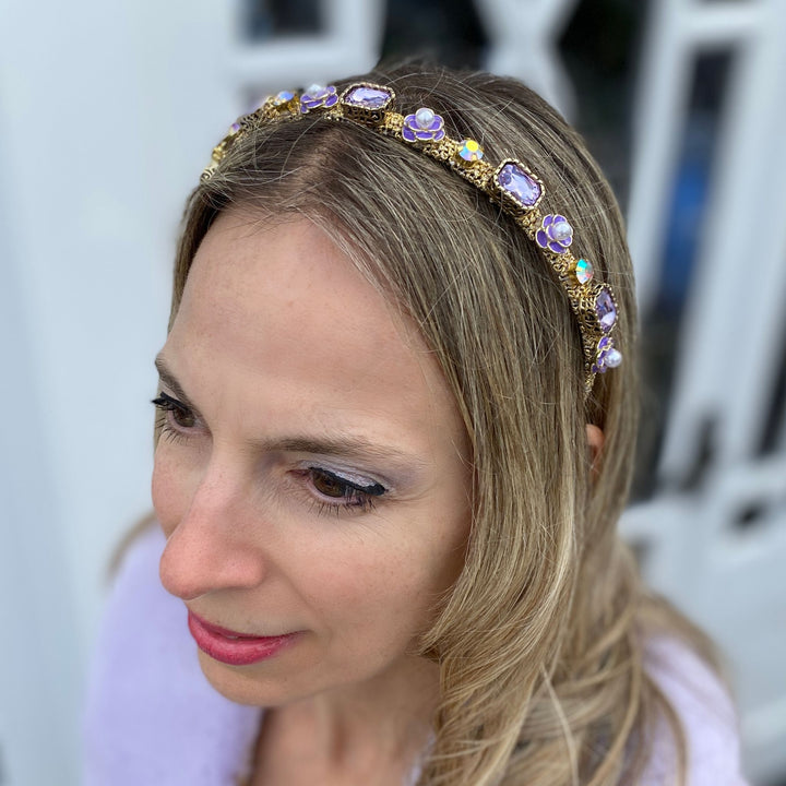 Lilac headband for wedding gold skinny hair band flower hair band