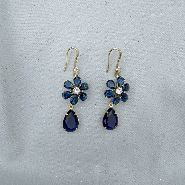 navy blue earrings flower drop earrings with gold hook