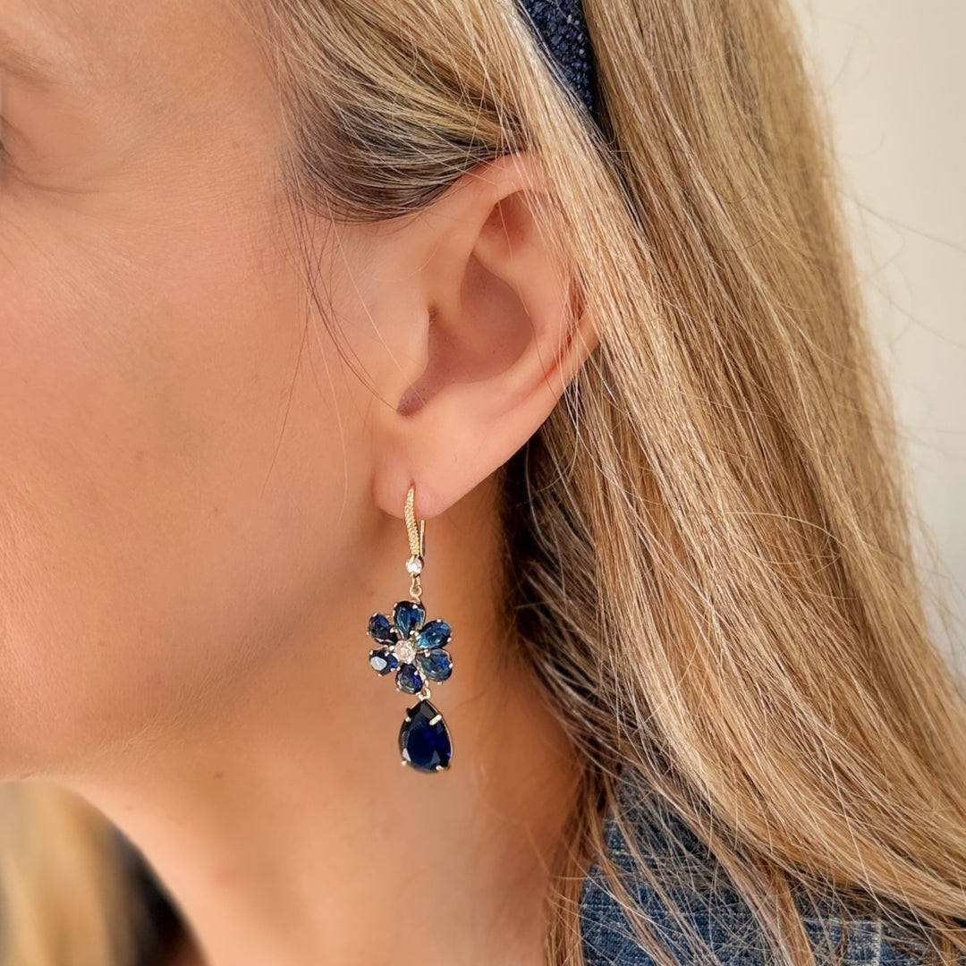 navy blue earrings flower drop earrings sparkling worn with a navy headband