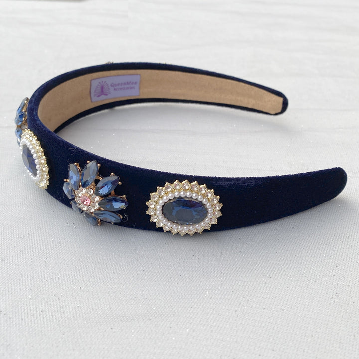 navy pearl headband gems and rhinestones