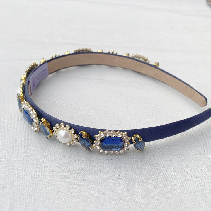 navy pearl headband slim with gems