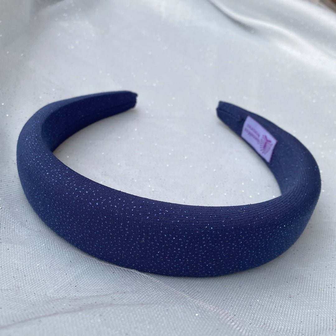 Navy sparkly padded headband with subtle shimmer fabric