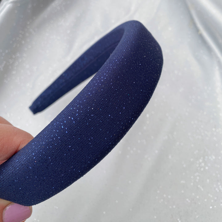 Navy sparkly padded headband with subtle shimmer fabric