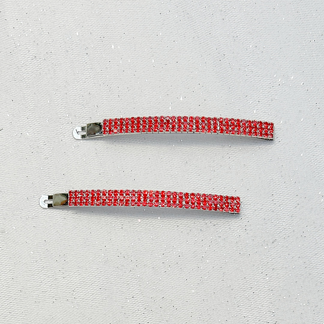 Red crystal diamanté hair slides with silver-tone finish.