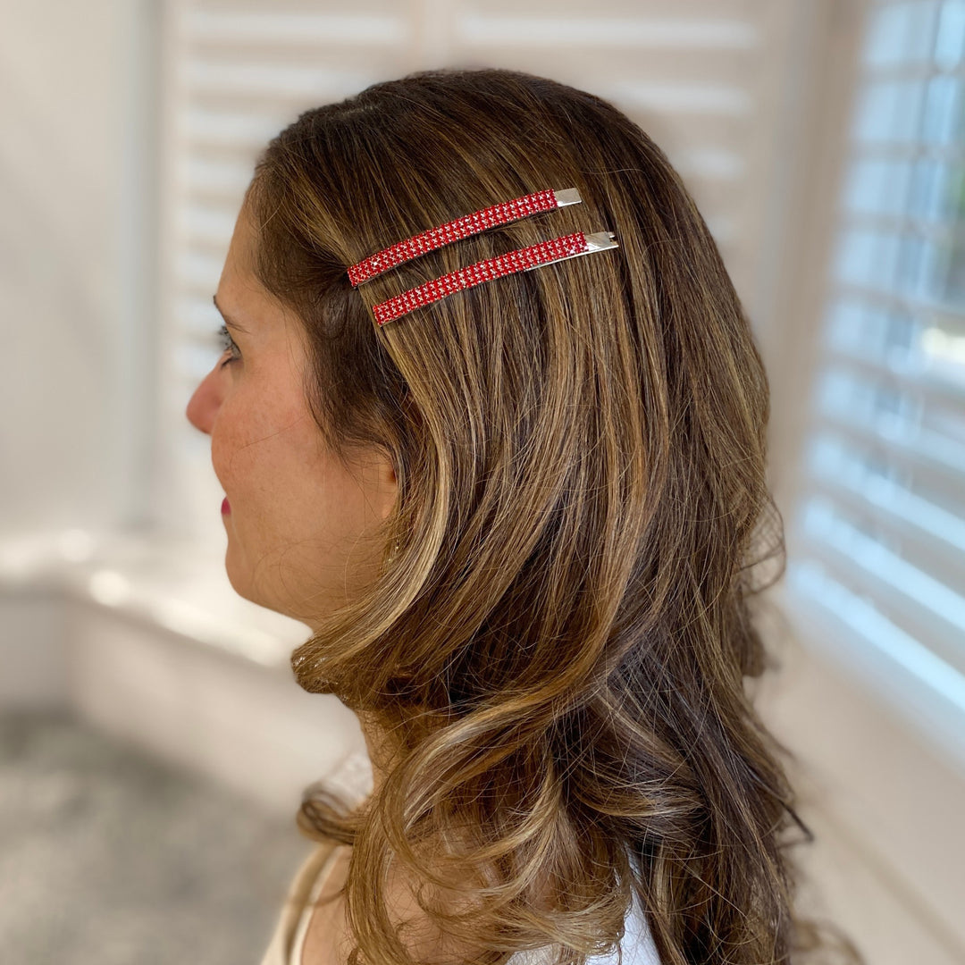 Red crystal diamanté hair slides with silver-tone finish.