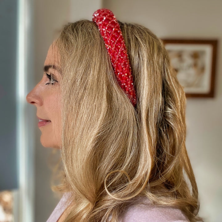 red headband sparkling headpiece beaded padded red hair band sparkly