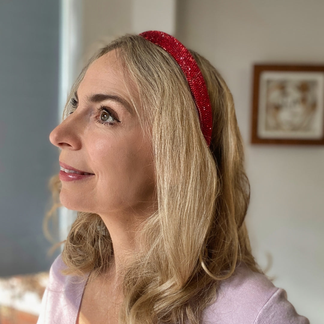 red sparkling hair band festival headband hair down red sparkly