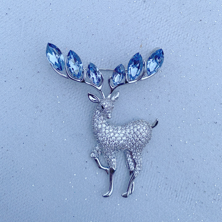 stag brooch deer pin silver crystal brooch