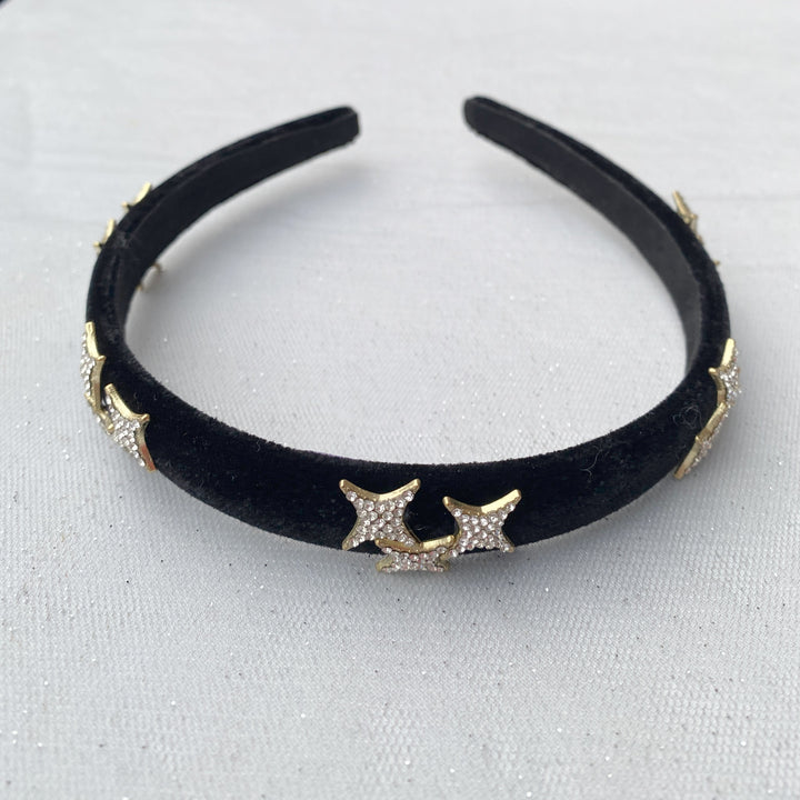 star headbamd black velvet slim hair band with gold stars