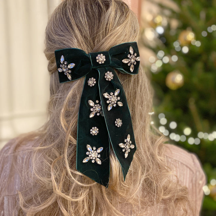 velvet bow hair clip green jewels long hair