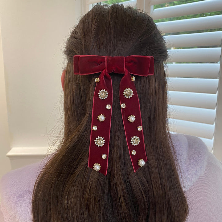 velvet bow hair clip red jewelled brunette hair