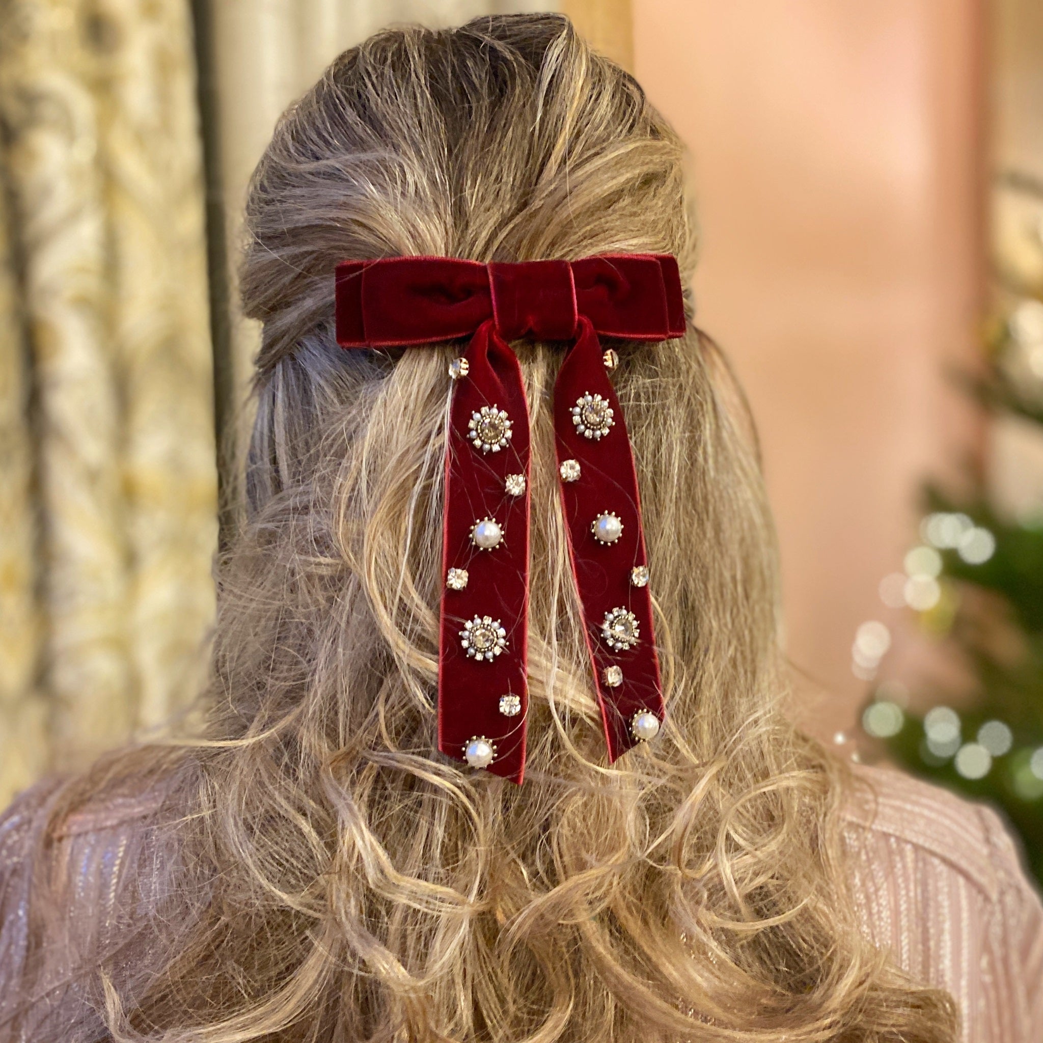 Red Velvet Bow Hair Clip with Jewels | QueenMee Accessories