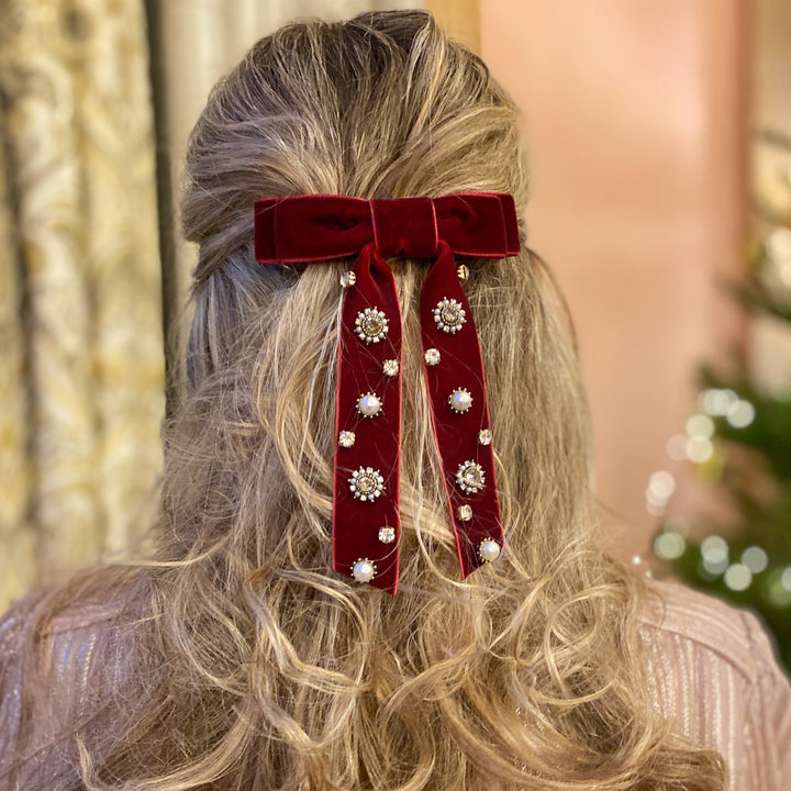 velvet bow hair clip red jewels hair half up