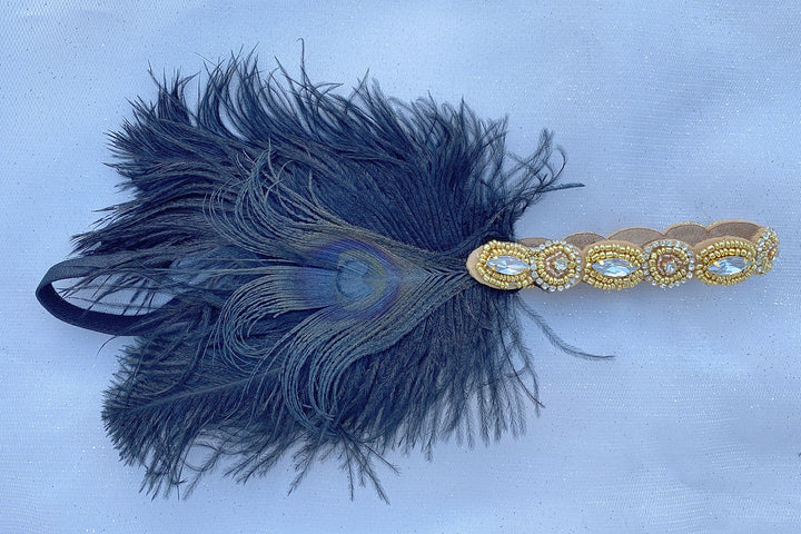 1920s headband black gold feathers beading flapper headpiece