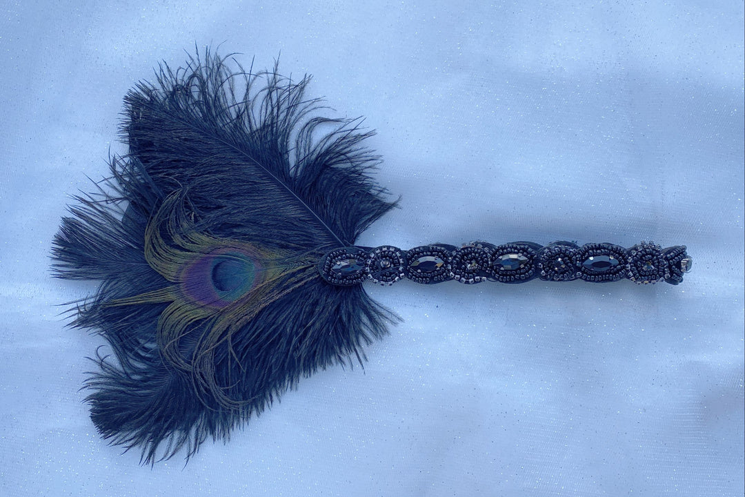 1920s headpiece black peacock feathers with beading