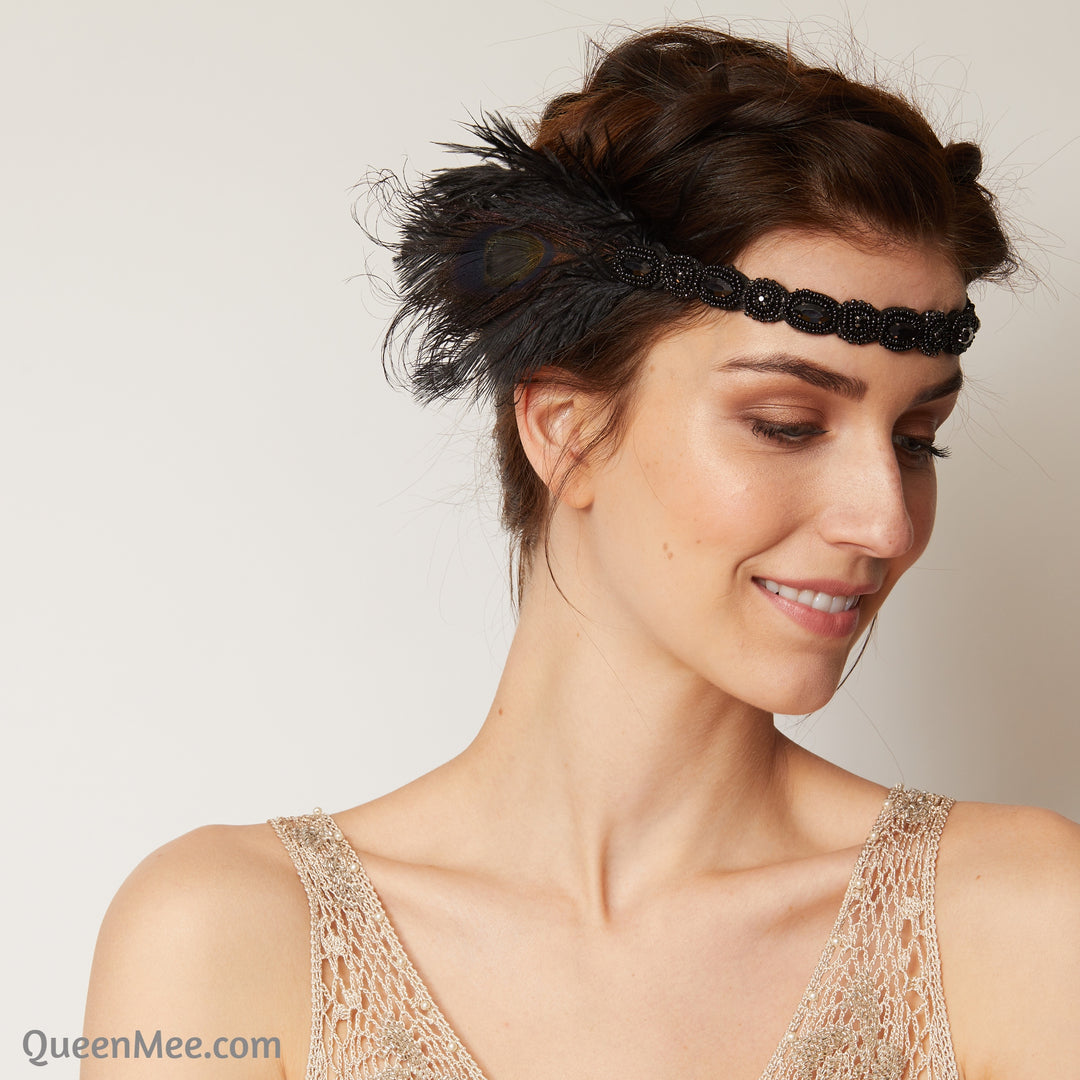 1920s headpiece in black with feathers