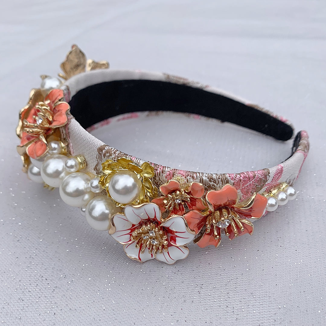 Flower Headband Coral with Pearls Alice Band