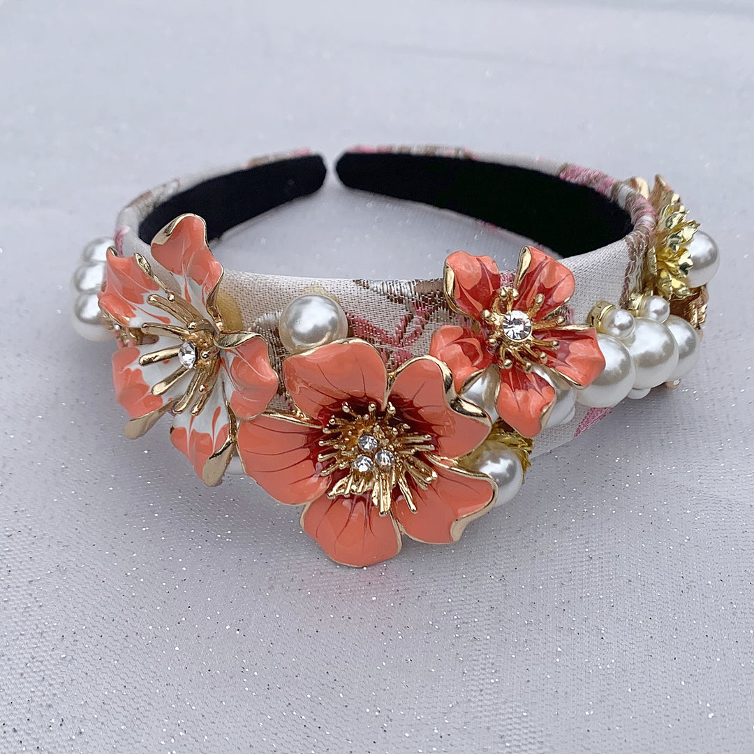 Flower Headband Coral with Pearls