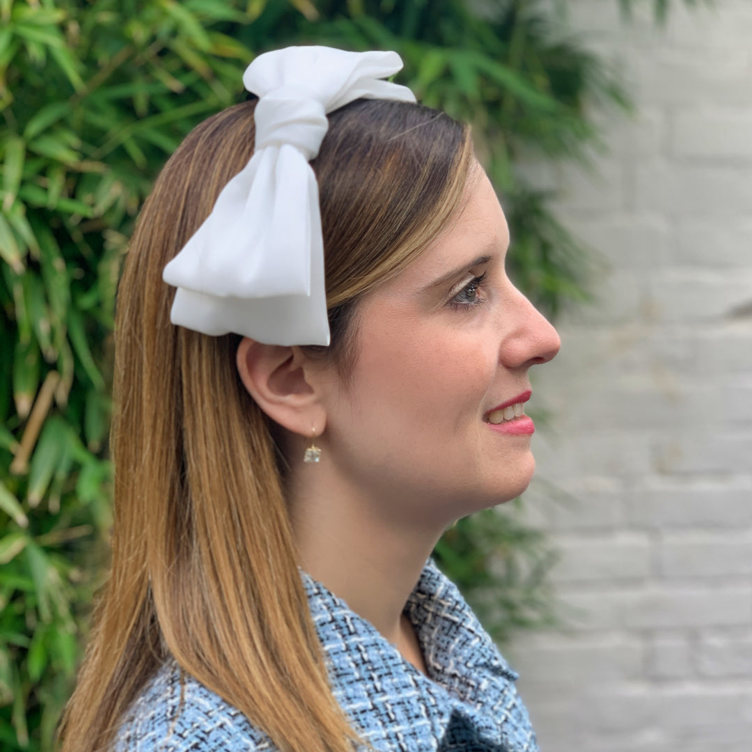 White fascinator bow headband hair down