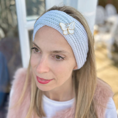 Winter Headband White with Butterfly Brooch