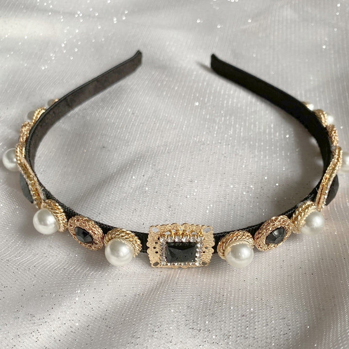 black headband with pearls in gold