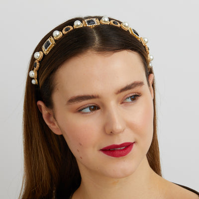 black headband with pearls for wedding guest