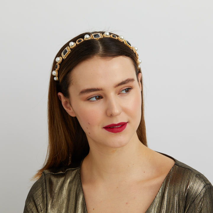 black headband with pearls styled