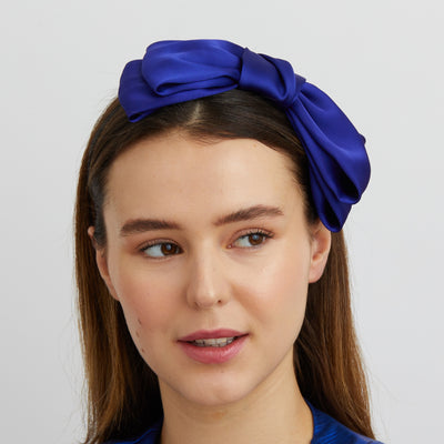 blue fascinator bow headband wedding guest hair