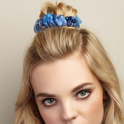 blue scrunchie with gems hair half up