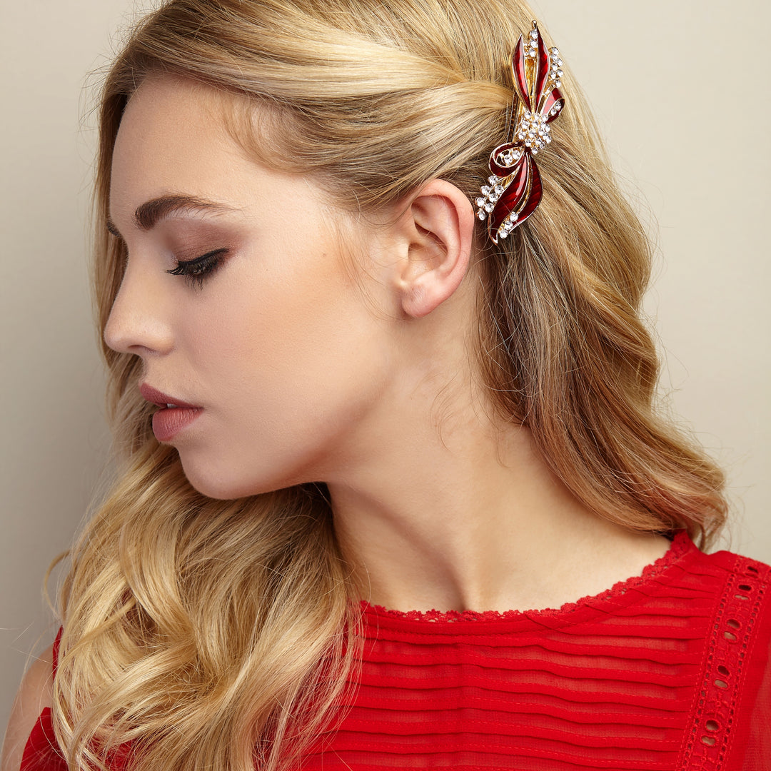 bow hair clip red styled on side