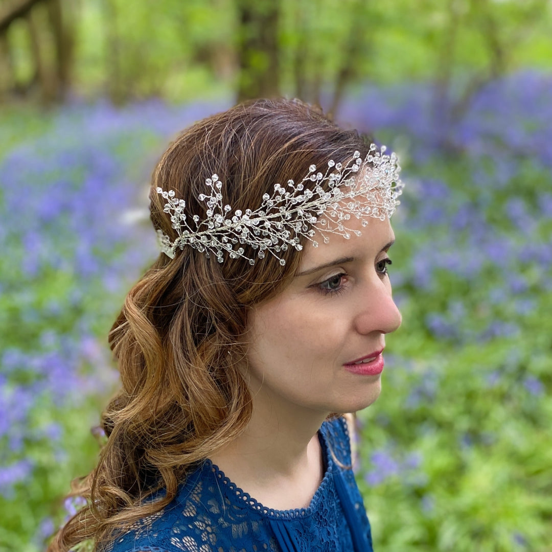 bridal headpiece boho headband in silver on brunette hair