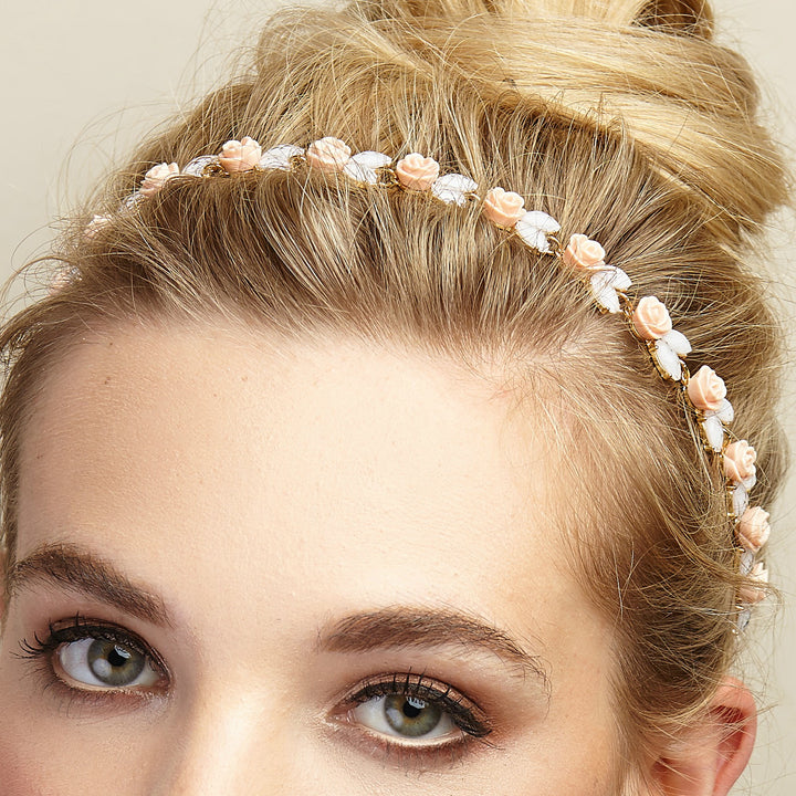 bridesmaid headband with roses in peach and ivory