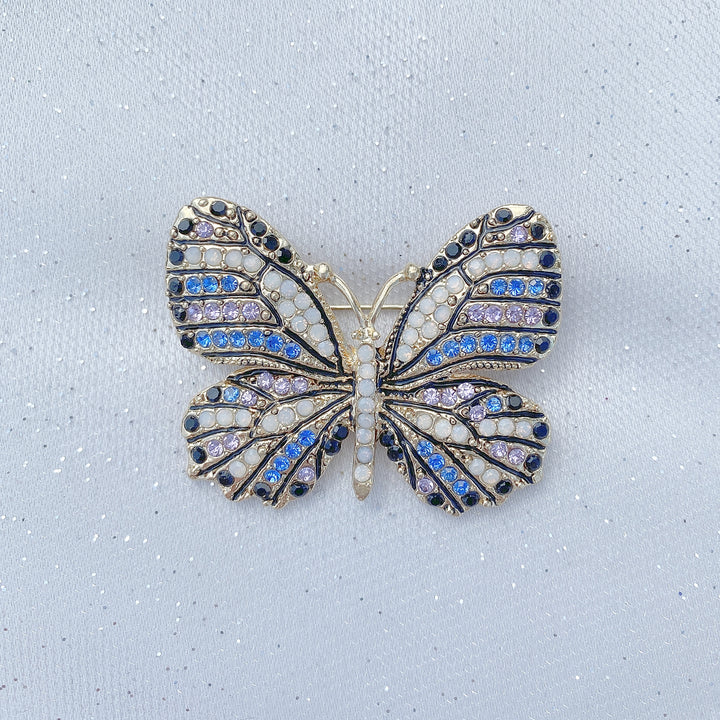 butterfly brooch in blue and lilac crystal