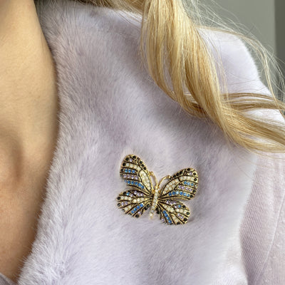 butterfly brooch in blue crystal on coat