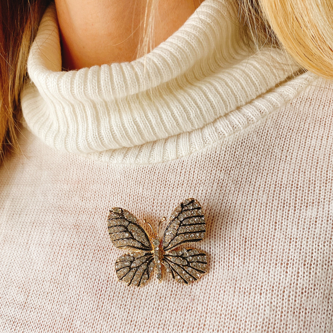 butterfly brooch in white crystal with gold