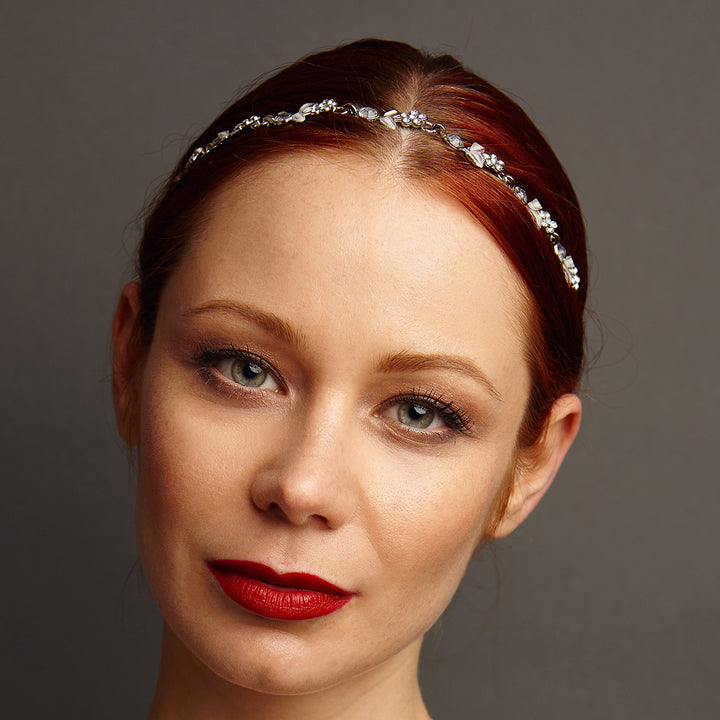 chain headband diamante flowers worn with hair up