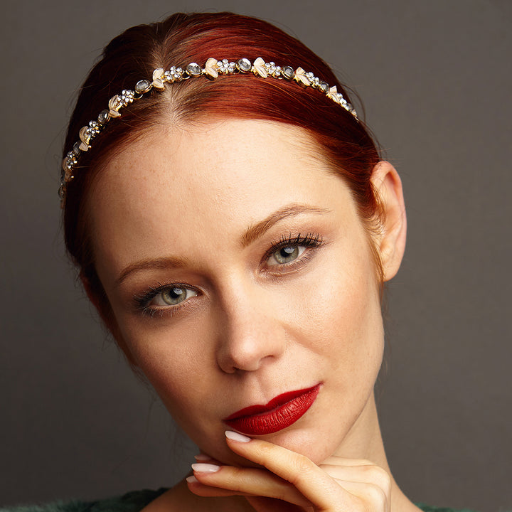 chain headband with diamante in gold worn with hair up