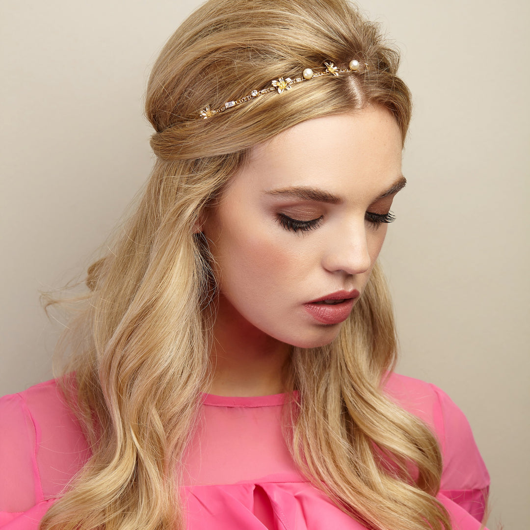 chain headband with pearls half up half down hairstyle