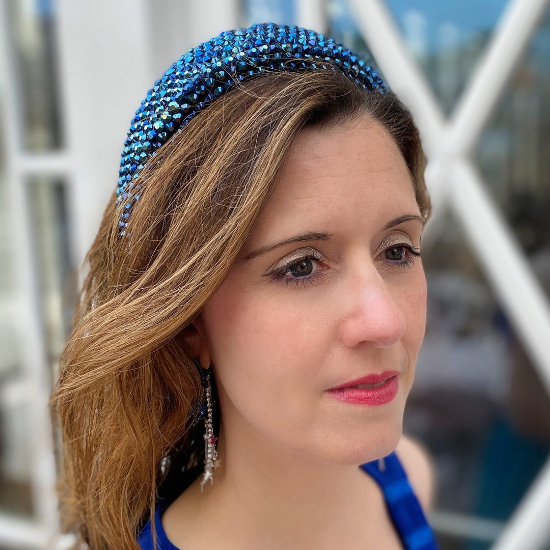 festival headband blue sparkly hair band hair down brunette