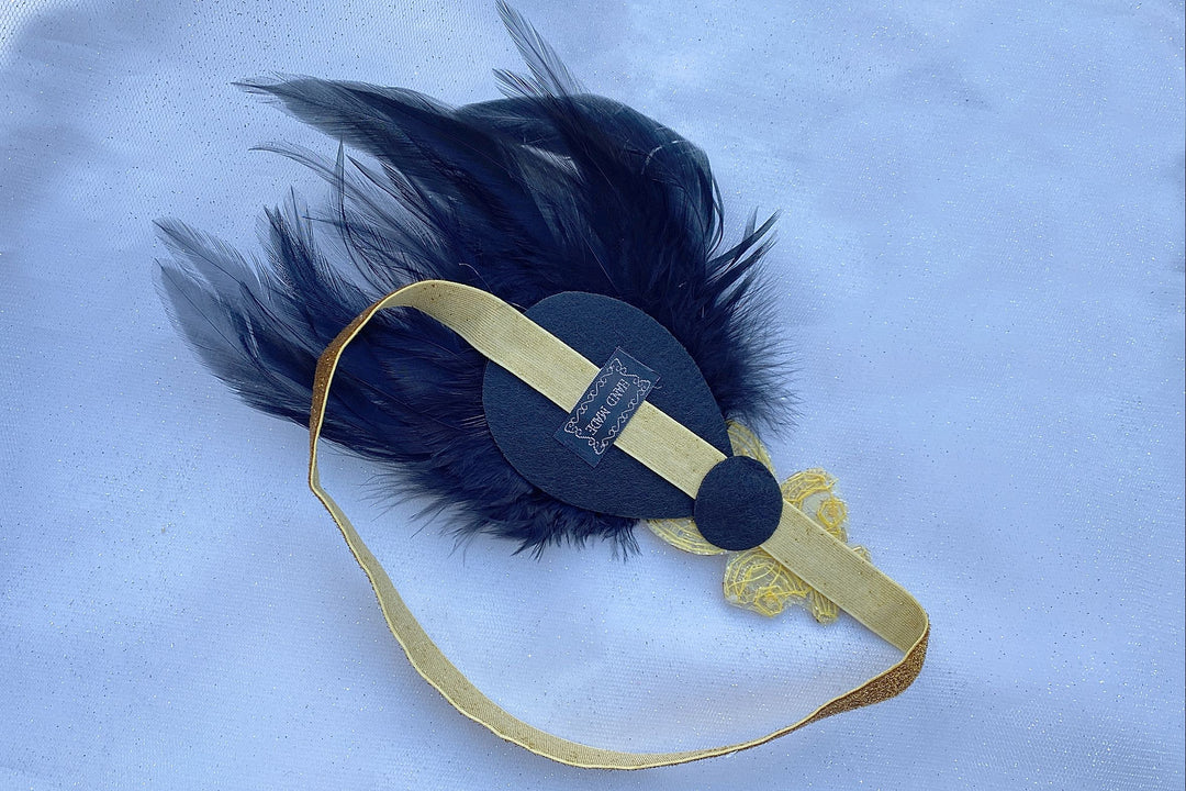 flapper headband gold beading feathers elastic